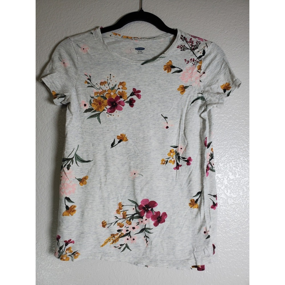 Old Navy Floral T-Shirt XL‎ 14 Girls Gray Short Sleeve Tee Spring Summer Top